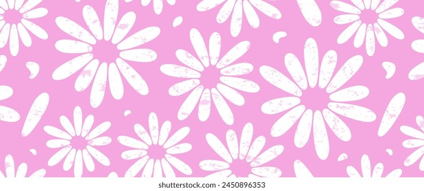 Groovy floral seamless pattern, retro daisy background, summer chamomile print, cute spring flower, grunge pastel pink textile. Abstract naive vector illustration