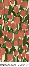 Groovy floral seamless pattern. Retro cute orange tulips on beige background. Abstract floral vintage print.