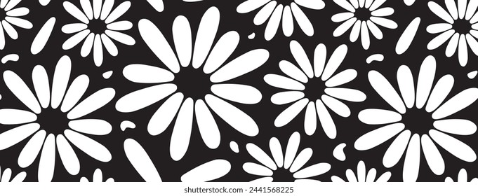 Patrón floral sin fisuras de Groovy, fondo de vector de flor de primavera, estampado de margarita funky, lindo verano manzanilla textil blanco y negro. Ilustración monocroma simple abstracta