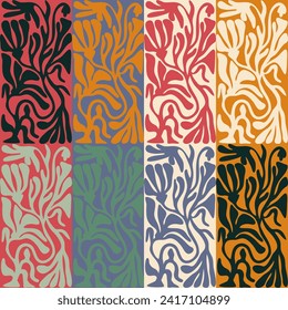 Groovy floral seamless tile in Matisse vibes. Trendy Naive Floral Vector Background in 1970s. Art deco pattern. Can be used for Print on fabric, wrapping paper, wallpaper.