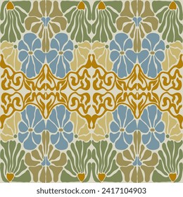 Groovy floral seamless tile in Matisse vibes. Trendy Naive Floral Vector Background in 1970s. Art deco pattern. Can be used for Print on fabric, wrapping paper, wallpaper.