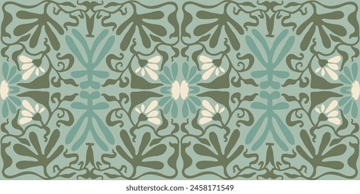 Groovy floral seamless tile in Matisse vibes. Trendy Naive Floral Vector Background in 1970s. Art deco pattern. Can be used for Print on fabric, wrapping paper, wallpaper.