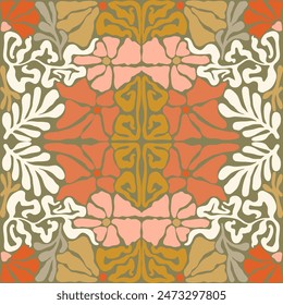 Groovy floral seamless tile in Matisse vibes. Trendy Naive Floral Vector Background in 1970s. Art deco pattern. Can be used for Print on fabric, wrapping paper, wallpaper.