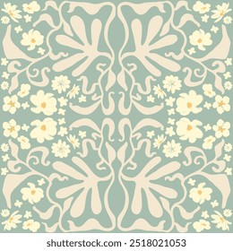 Groovy floral seamless tile in Matisse vibes. Trendy Naive Floral Vector Background in 1970s. art nouveau pattern. Can be used for Print on fabric, wrapping paper, wallpaper.	