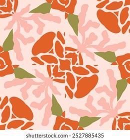 Groovy floral seamless tile in Matisse vibes. Trendy Naive Floral Vector Background in 1970s. art nouveau pattern. Can be used for Print on fabric, wrapping paper, wallpaper.	