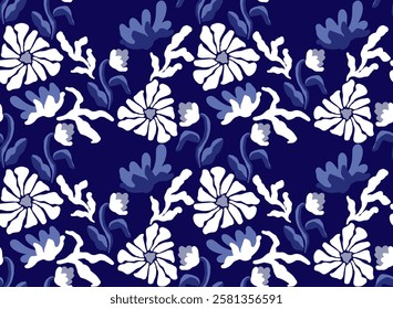 Groovy floral seamless tile in Matisse vibes. Trendy Naive Floral Vector Background in 1970s. Art deco pattern. Can be used for Print on fabric, wrapping paper, wallpaper.	