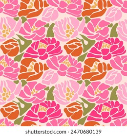 Groovy floral seamless tile with minimalistic peonies in Matisse vibes.Trendy Naive Floral Vector Background in 1970s. Art nouveau pattern. Can be used for Print on fabric, wrapping paper, wallpaper.
