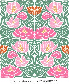 Groovy floral seamless tile with minimalistic peonies in Matisse vibes.Trendy Naive Floral Vector Background in 1970s. Art nouveau pattern. Can be used for Print on fabric, wrapping paper, wallpaper.
