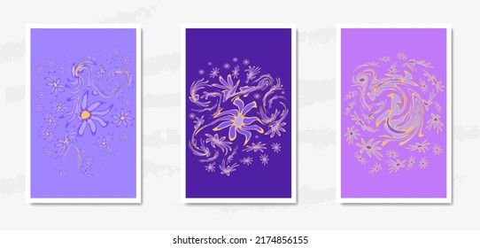 Groovy flower abstract background. Psychedelic purple poster. Floral art painting on the wall. The concept of a depressive stress state. Groovy vector banner with golden brush lines. Curved waves.
