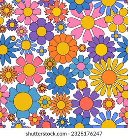 Groovy flower background. Retro hippy 70s seamless pattern. Simple funky 60s floral summer print, color pop vintage spring daisy repeat texture. Pretty flowers vector illustration, beautiful blossom