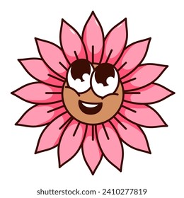 Groovy flower cartoon character with big eyes looking up. Funny cheerful retro mascot, cartoon flower head with pink petals, shy chamomile emoji and floral sticker of 70s 80s vector illustration