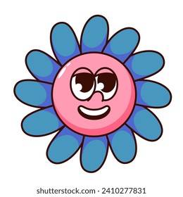 Groovy flower cartoon character with happy smile. Funny retro cheerful floral mascot, cartoon daisy flower with blue petals and pink face, comic chamomile sticker of 70s 80s vector illustration