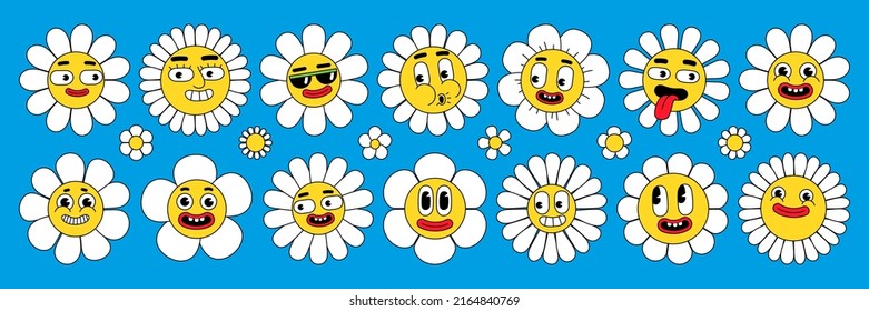 Groovy flower cartoon characters. Funny happy daisy with eyes and smile. Sticker pack in trendy retro cartoon style. Isolated vector illustration. Hippie 60s, 70s style. Flower power.