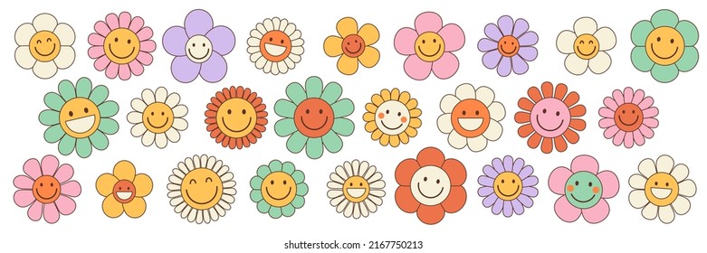 Groovy flower cartoon characters. Funny happy daisy with eyes and smile. Sticker pack in trendy retro trippy style. Isolated vector illustration. Hippie 60s, 70s style. - Shutterstock ID 2167750213