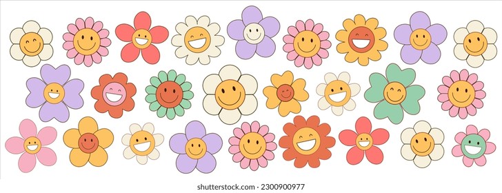 Groovy flower cartoon characters. Funny happy daisy with eyes and smile. Sticker pack in trendy retro trippy style. Isolated vector illustration. Hippie 60s, 70s style