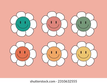 Groovy flower cartoon characters. Funny happy daisy trendy retro trippy style.