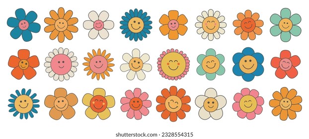 Groovy flower cartoon characters. Funny happy daisy with eyes and smile. Sticker pack in trendy retro trippy style. Isolated vector illustration. Hippie 60s, 70s style