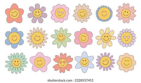 Groovy flower cartoon characters. Funny happy daisy with eyes and smile. Sticker pack in trendy retro trippy style. Isolated vector illustration. Hippie 60s, 70s style