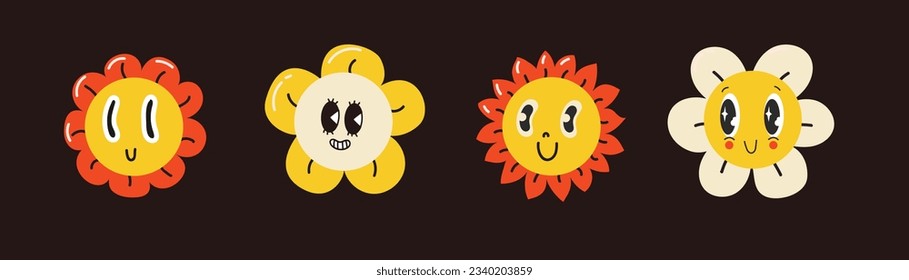 Groovy flower cartoon characters. Funny happy daisy with eyes and smile. Sticker pack in trendy retro trippy style. Isolated vector illustration. Hippie 60s, 70s style.