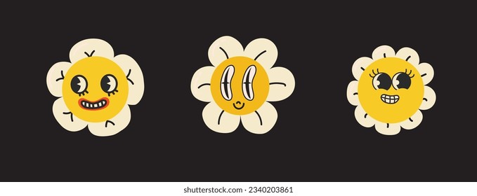 Groovy flower cartoon characters. Funny happy daisy with eyes and smile. Sticker pack in trendy retro trippy style. Isolated vector illustration. Hippie 60s, 70s style.