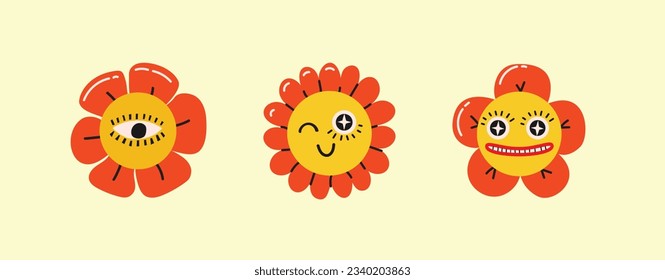 Groovy flower cartoon characters. Funny happy daisy with eyes and smile. Sticker pack in trendy retro trippy style. Isolated vector illustration. Hippie 60s, 70s style.