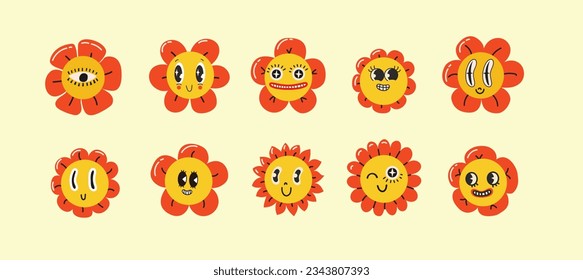 Groovy flower cartoon characters. Funny happy daisy with eyes and smile. Sticker pack in trendy retro trippy style. Isolated vector illustration. Hippie 60s, 70s style.