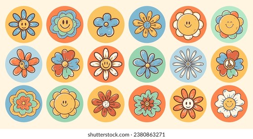 Personajes de dibujos animados de flores de Groovy. Flores divertidas y felices con ojos y sonrisa. Paquete de pegatinas al estilo retro trippy de moda. Ilustración vectorial aislada. Hippie estilo años 60 y 70.