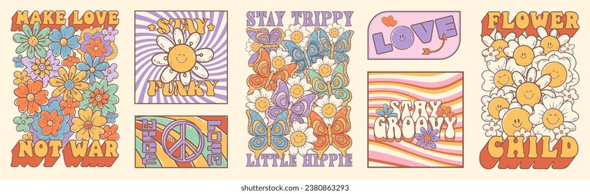 Groovy flower cartoon characters. Funny happy flowers with eyes and smile. Sticker pack in trendy retro trippy style. Isolated vector illustration. Hippie 60s, 70s style.