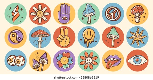 Groovy flower cartoon characters. Funny happy flowers with eyes and smile. Sticker pack in trendy retro trippy style. Isolated vector illustration. Hippie 60s, 70s style.