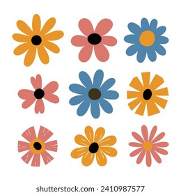 Groovy flower cartoon characters. Funny happy daisy with eyes and smile. Sticker pack in trendy retro trippy style. Isolated vector illustration.