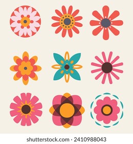 Groovy flower cartoon characters. Funny happy daisy with eyes and smile. Sticker pack in trendy retro trippy style. Isolated vector illustration.