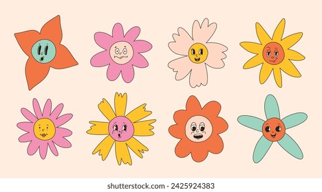 Groovy flower cartoon characters. Funny happy daisy with eyes and smile. Sticker pack in trendy retro trippy style. Isolated vector illustration. Hippie 60s, 70s style.