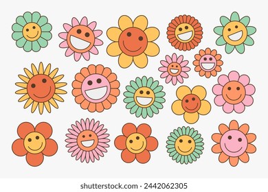 Groovy flower cartoon characters. Funny happy daisy with eyes and smile. Sticker pack in trendy retro trippy style