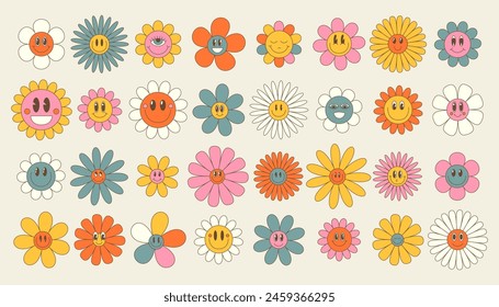 Personajes de dibujos animados de flores. Divertida margarita feliz con ojos y sonrisa. Paquete de pegatinas en estilo trippy retro de moda. Aislado. Hippie 60, 70