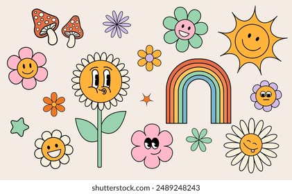 Groovy flower cartoon characters. Funny happy daisy with eyes and smile. Sticker pack in trendy retro trippy style. Isolated vector illustration. Hippie 60s, 70s style.