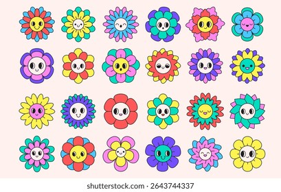 Groovy flower cartoon characters. Funny happy daisy with eyes and smile. Floral geometric design. Vector illustration in flat style