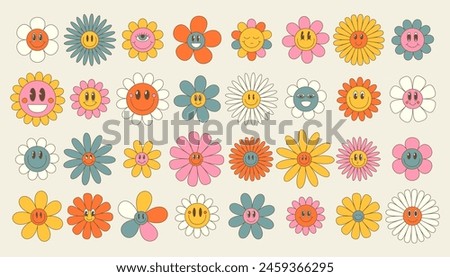 Groovy flower cartoon characters. Funny happy daisy with eyes and smile. Sticker pack in trendy retro trippy style. Isolated. Hippie 60s, 70s