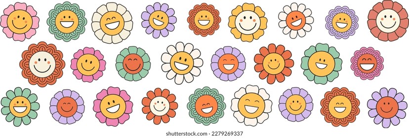 Groovy flower cartoon characters. Happy stickers set from 70s. Patches, pins, stamps, stickers template. Funny cute comic characters. Vector illustration