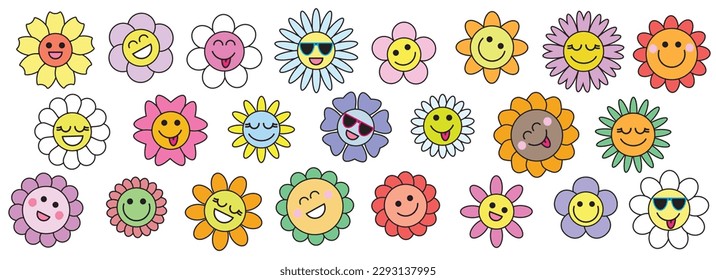 Groovy flower cartoon characters. Happy stickers set from 60s, 70s. Funny happy daisy with eyes and smile, cute comic characters. Vector illustration.