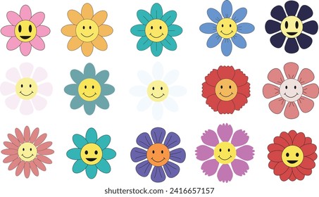 Groovy flower cartoon characters set
with eyes and smile. retro trippy style vector illustration collection.