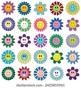 Groovy flower cartoon characters set with eyes and smile. Retro trippy style Hippie flowers, cute vintage style, retro flowers with faces, emojis, smiles. Set of vector illustrations.