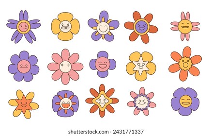 Groovy flower cartoon characters set. Funny happy daisy with linear eyes and smile. Sticker pack in trendy retro trippy style. Isolated vector illustration. Hippie 60s, 70s style.