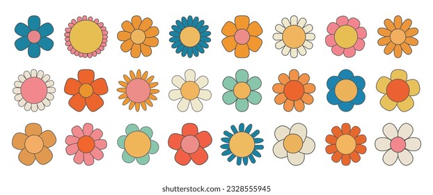 Groovy flower cartoon. Funny happy daisy. Sticker pack in trendy retro trippy style. Isolated vector illustration. Hippie 60s, 70s style