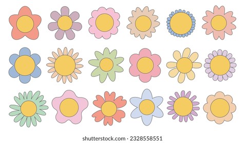 Groovy flower cartoon. Funny happy daisy. Sticker pack in trendy retro trippy style. Isolated vector illustration. Hippie 60s, 70s style