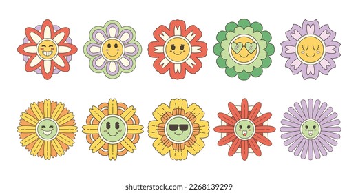 Groovy Flower Cartoon Vector Set