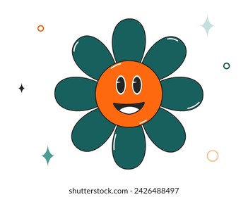 Groovy flower character. Hippie 70s style. Sticker, t-shirt design in trendy retro style. Vector illustration isolated on a white background.