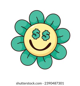 Groovy flower character with money in eyes vector illustration. Cartoon isolated retro funny floral sticker of love to money, cute daisy with green petals, dollars and funky smile on flowers face