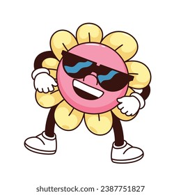 Große Blumenfigur mit Sonnenbrille, Vektorgrafik. Cartoon einzeln Retro-Blütenmaskottchen mit Gelächter, psychedelische Sommerblume mit Trippy-Gesicht und gelben Blüten, Arme und Beine