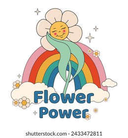 Groovy flower character in a trendy retro psychedelic style 60s, 70s. Cute sticker. Vector illustration  isolated on white background.