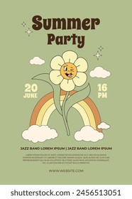 Groovy flower character in a trendy retro psychedelic style 60s, 70s. Hello summer jazz party. Event poster, invitation card. Vector illustration.